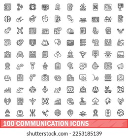 100 communication icons set. Outline illustration of 100 communication icons vector set isolated on white background