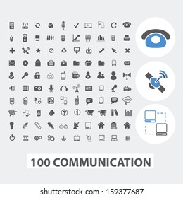 100 communication icons, signs set, vector