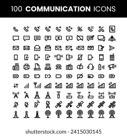 100 Communication and Network Icons. Line Style Vector Perfect Illustrations.