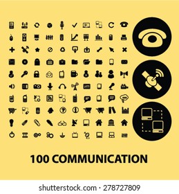 100 comunicación, tecnología iconos negros, signos, conjunto de ilustraciones, vector