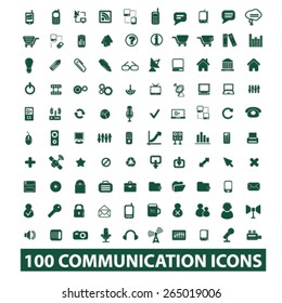 100 communication, technology, connection icons, signs, illustrations set, vector