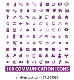 100 communication, technology, phone, connection, internet icons, signs, illustrations set, vector