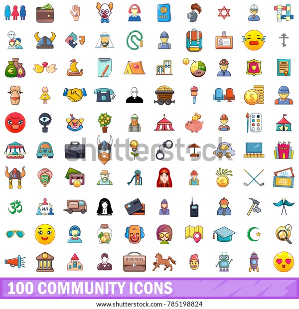 100 community icons\
set. Cartoon illustration of 100 community vector icons isolated on\
white background