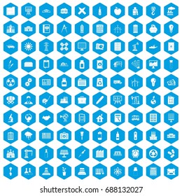 100 company icons set in blue hexagon isolated vector illustration
