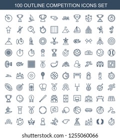 100 competition icons. Trendy competition icons white background. Included outline icons such as stopwatch, olive branch, ranking, man at the top of the mountain with flag. icon for web and mobile.