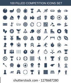 100 competition icons. Trendy competition icons white background. Included filled icons such as trophy, tennis rocket, dance floor, field. competition icon for web and mobile.