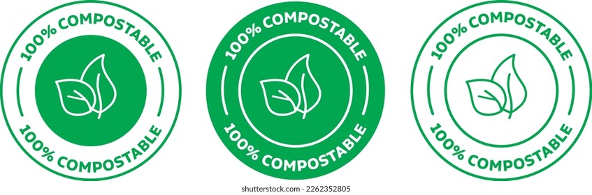 100% Compostable icon - plastic free badge, recyclable material, Compostable isolated green logo symbol svg