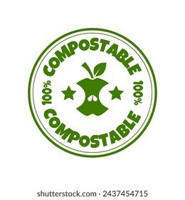 100% compostable stamp. Compost Ecology icon. Green Apple Core sign with seeds. Natural products sticker, label, badge and logo template with green leaves for organic and eco friendly products. svg