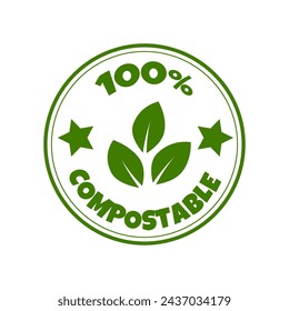 100% compostable stamp. Compostable Ecology icon. Natural products sticker, label, badge and logo template with green leaves for organic and eco friendly products. svg