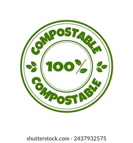 100% compostable stamp. Compostable Ecology icon. Natural products sticker, label, badge and logo template with green leaves for organic and eco friendly products. svg