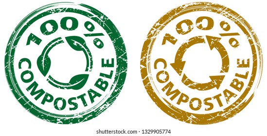 
100% compostable stamps with recycle icon. In green and brown colors. Grunge texture. Vector illustration. svg