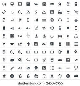 100 computer icons, black on square white background 
