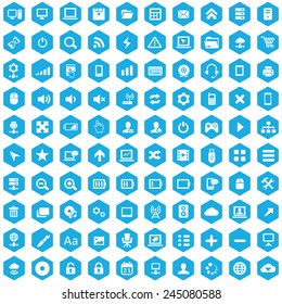 100 computer icons, blue hexagon background 