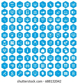 100 computer icons set in blue hexagon isolated vector illustration