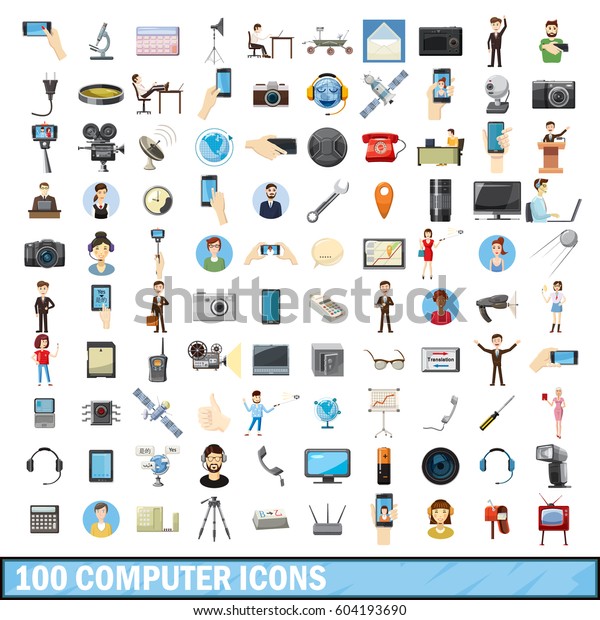 100 computer icons set in cartoon style for\
any design vector\
illustration