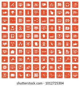 100 computer icons set in grunge style orange color isolated on white background vector illustration