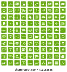 100 computer icons set in grunge style green color isolated on white background vector illustration