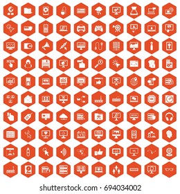 100 computer icons set in orange hexagon isolated vector illustration