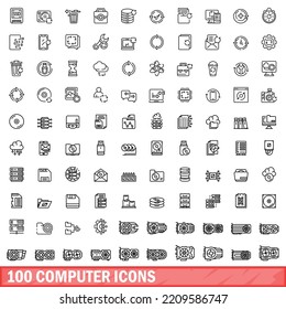 100 computer icons set. Outline illustration of 100 computer icons vector set isolated on white background