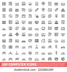 100 computer icons set. Outline illustration of 100 computer icons vector set isolated on white background