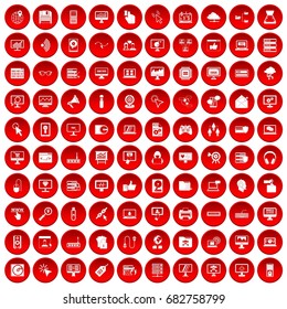 100 computer icons set in red circle isolated on white vector illustration