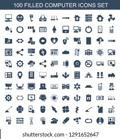 100 computer icons. Trendy computer icons white background. Included filled icons such as real estate on laptop, CD, reload replay, signal, flash drive. computer icon for web and mobile.