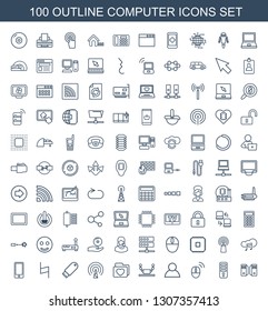 100 computer icons. Trendy computer icons white background. Included outline icons such as server, CPU, computer mouse, user, robot, folder with heart. icon for web and mobile.
