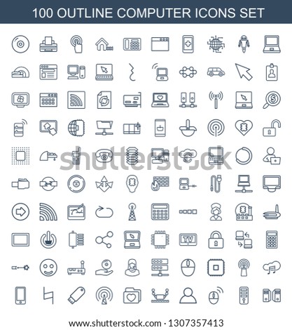 100 computer icons. Trendy computer icons white background. Included outline icons such as server, CPU, computer mouse, user, robot, folder with heart. icon for web and mobile.