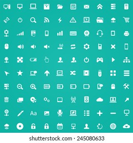 100 computer icons, white on green background 