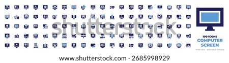 100 Computer screen Icons Collection. Bold style. Duotone colors. clock, computer, monitor, video, pc, screen, personal computer, tv, television, video call, sharing.