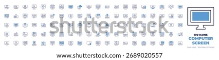 100 Computer screen Icons Collection. Bold line style. Duotone colors. clock, computer, monitor, video, pc, screen, personal computer, tv, television, video call, sharing.