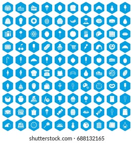 100 confectionery icons set in blue hexagon isolated vector illustration