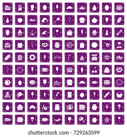 100 confectionery icons set in grunge style purple color isolated on white background vector illustration