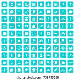 100 confectionery icons set in grunge style blue color isolated on white background vector illustration