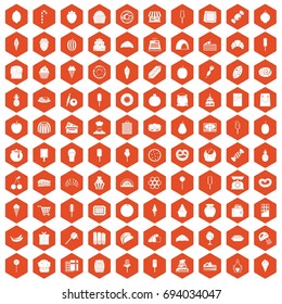 100 confectionery icons set in orange hexagon isolated vector illustration