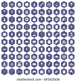 100 confectionery icons set in purple hexagon isolated vector illustration