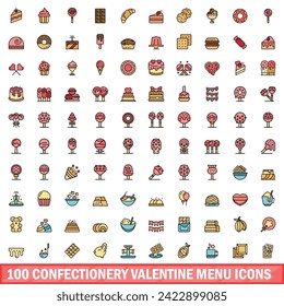 100 confectionery valentine menu icons set. Color line set of confectionery valentine menu vector icons thin line color flat on white