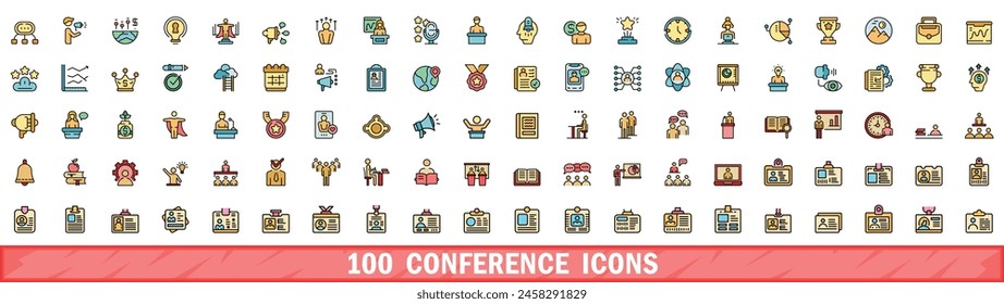 100 conference icons set. Color line set of conference vector icons thin line color flat on white