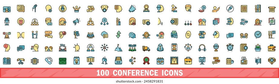 100 conference icons set. Color line set of conference vector icons thin line color flat on white