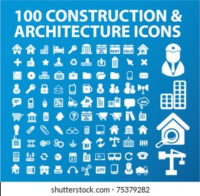 100 construction & architecture icons, signs, vector illustrations