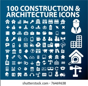 100 construction & architecture icons, signs, vector illustrations