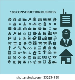 100 construction business, technology, real estate icons, signs set for infographics 