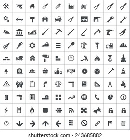 100 construction icons, black on square white background 