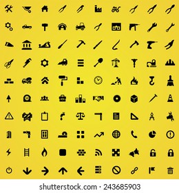 100 construction icons, black on yellow background 