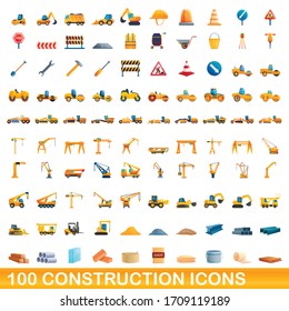 100 construction icons set. Cartoon illustration of 100 construction icons vector set isolated on white background