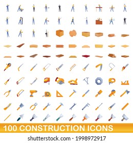 100 construction icons set. Cartoon illustration of 100 construction icons vector set isolated on white background