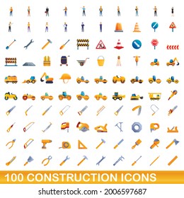 100 Bausymbole gesetzt. Cartoon-Illustration von 100 Bausymbolen, Vektorset einzeln auf weißem Hintergrund