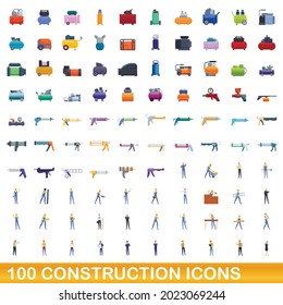 100 construction icons set. Cartoon illustration of 100 construction icons vector set isolated on white background