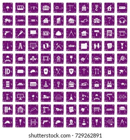 100 construction icons set in grunge style purple color isolated on white background vector illustration