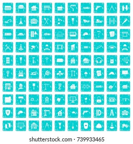 100 construction icons set in grunge style blue color isolated on white background vector illustration